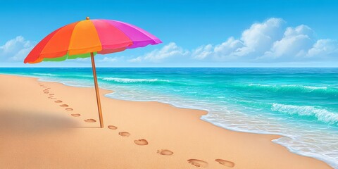 Footprints leading away from a sun-drenched beach umbrella