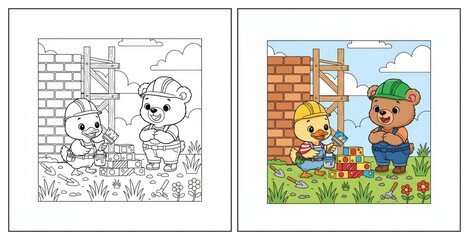 Fototapeta premium Two Animals Working Together Building a New Home Together Construction Site Cartoon