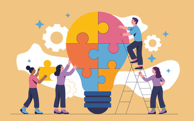 Obraz premium Team Collaboration Concept Vector – People assembling light bulb puzzle as a symbol of unity, creative thinking, partnership, teamwork, leadership, and innovation for business projects and startups.