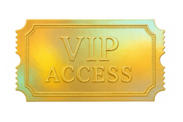 Golden embossed vip access ticket showing exclusive entry to a premium event or luxury service, rendered on transparent background