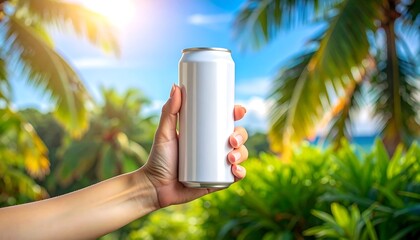 Hand holding blank white aluminum can, tropical backdrop