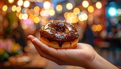 Hand holding chocolate donut with sprinkles against a blurred market background