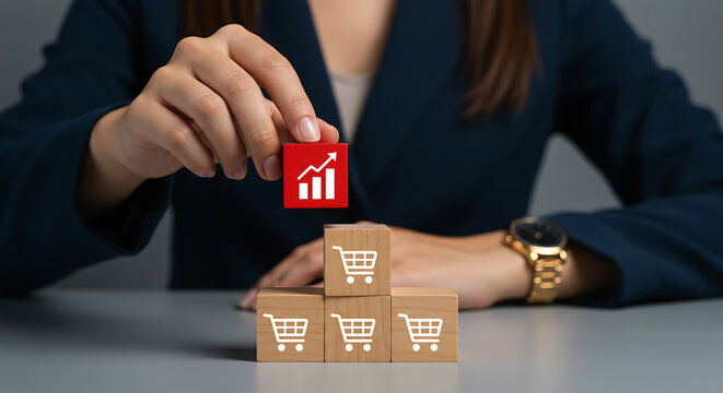 business growth pyramid with red graph block and shopping cart icons