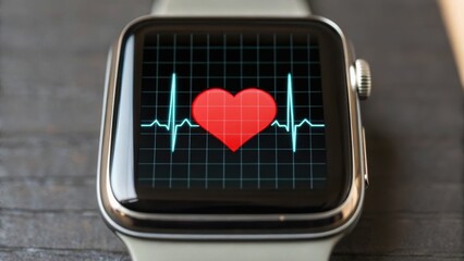 Smartwatch displaying a heart rate monitor with a heartbeat graphic on the screen.