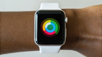 Smartwatch displaying colorful activity rings on a user's wrist, highlighting fitness tracking features.