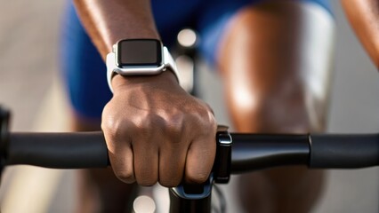 A close-up of a cyclist's hand gripping the handlebars, showcasing a smartwatch, indicating an active lifestyle and technology integration.