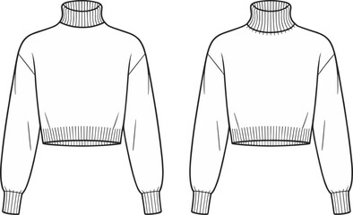 Cropped turtleneck sweater fashion flat, technical drawing, vector template, long sleeve top, ribbed collar, garment sketch, apparel design, cad drawing flat vector illustration