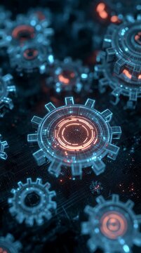 Futuristic digital gear mechanism animation, glowing blue and orange tech cogs, abstract industrial motion background