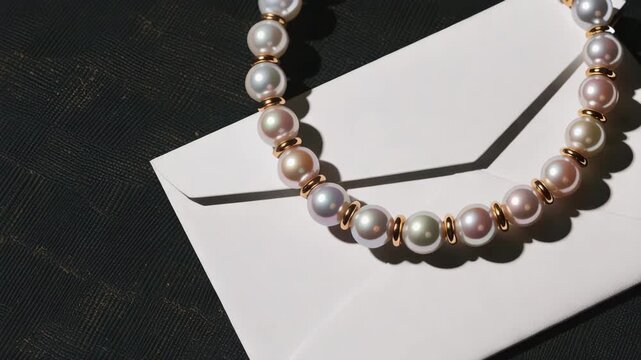 Elegant multicolored freshwater pearl necklace featuring gold spacers resting on a pristine white envelope on dark surface