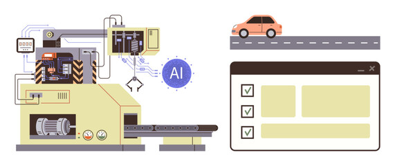Fototapeta premium Industrial machine integrating AI, smart vehicle on road, checklist interface. Ideal for AI, robotics, automation, logistics, manufacturing innovation digital transformation. Simple flat metaphor