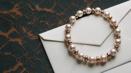 Elegant pearl bracelet with golden beads resting on a white envelope against a dark textured background