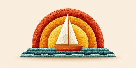a minimalist graphic of a sailboat and sun, soft lines and muted palette