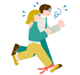 二人三脚で辛そうに走る若い男性と女性のイラスト