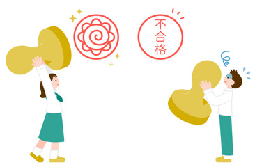 合否判定のハンコを押す制服姿の男の子と女の子のイラスト