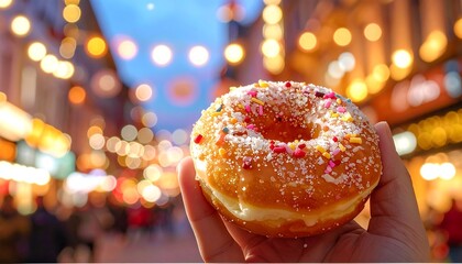 Hand holds a sugared donut, city lights bokeh