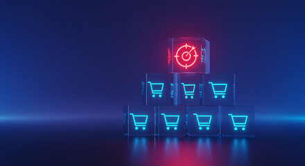 digital pyramid of shopping cart icons with red target symbol
