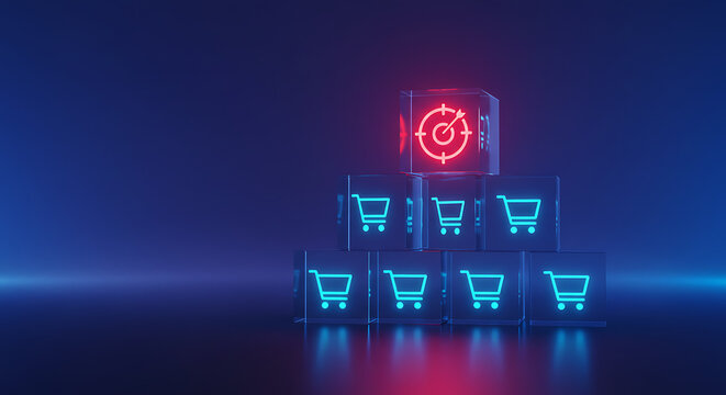 digital pyramid of shopping cart icons with red target symbol
