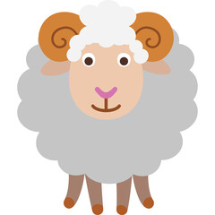 Cute Cartoon Ram with Curly Horns and Fluffy Gray Wool on a Transparent Background