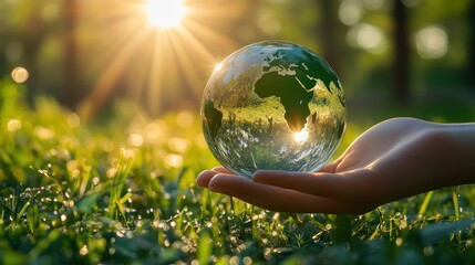 A transparent glass globe held in hand, with sunlit greenery in the background, symbolizing earth care