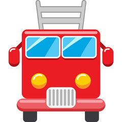 Cute Cartoon Red Fire Truck Front View with Blue Windows Yellow Headlights and Silver Ladder Transparent Background