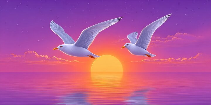 a realistic photo of seagulls flying across a glowing sunset sky over the sea
