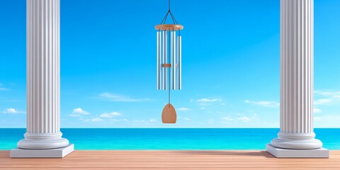 a realistic photo of wind chimes ringing gently in a seaside home porch