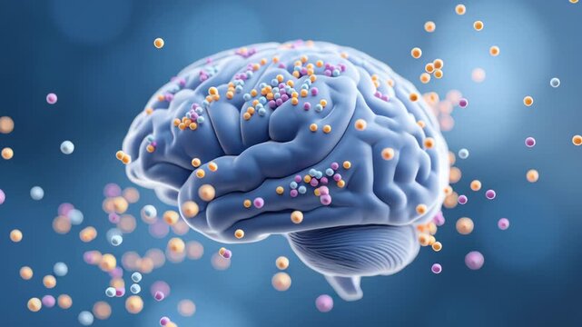 The discovery of microplastics in the human brain concept. A close-up of a human brain with colorful round microplastics inside.