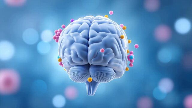 The discovery of microplastics in the human brain concept. A close-up of a human brain with colorful round microplastics inside.