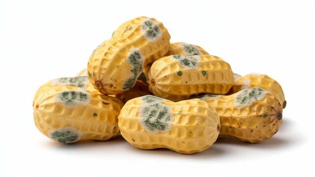 A close-up of peanuts with visible mold spots, fungal growth symbolizing contamination and food safety risk. Carcinogenic substances found in peanuts.