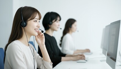 インカムをつけて笑顔で応対する女性オペレーター