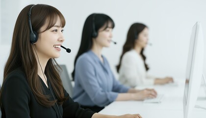 白いオフィスで働く3人の女性オペレーター