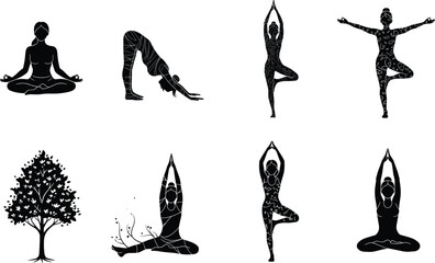 Yoga meditation silhouette poses collection with tree nature elements, wellness balance exercise vector illustration design for mindfulness, relaxation, fitness inspiration practice themes