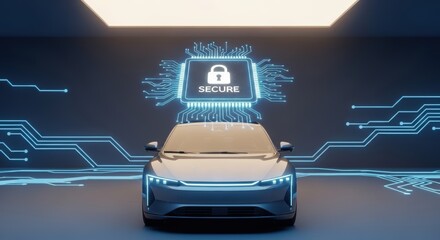 A futuristic car with a secure chip above it and circuit board lines in the background on a dark surface