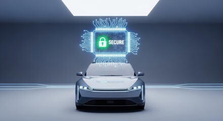 A futuristic car with a secure chip above it showing cybersecurity and data protection for vehicles of future