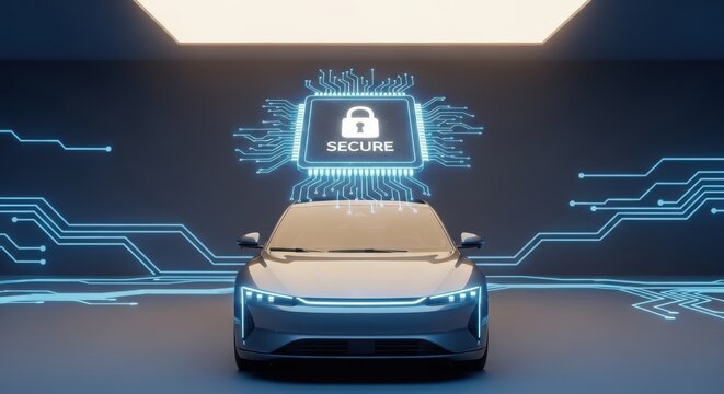 A futuristic car with a secure chip above it and circuit board lines in the background on a dark surface
