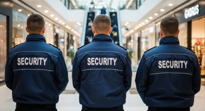 Three security guards in blue jackets stand in a mall with an escalator in the background view from behind