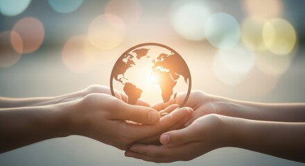 Hands holding a glowing earth globe against a blurred background with bokeh light effects visible