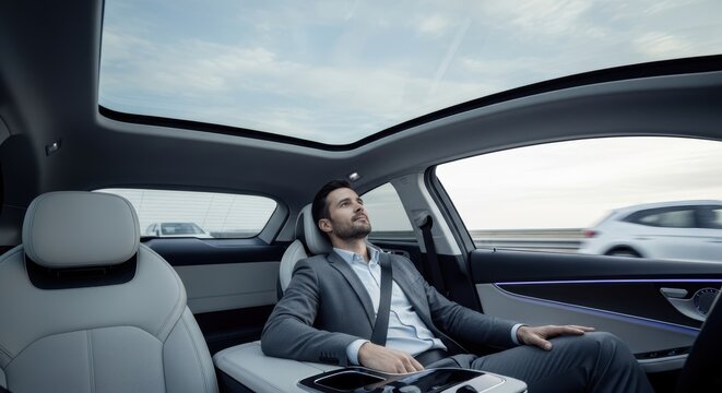 Man in suit reclining in autonomous car with sunroof and other cars passing on the highway outside