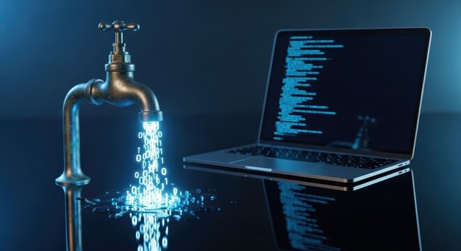 A faucet emitting binary code next to a laptop displaying code on a dark reflective surface