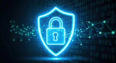 A glowing blue padlock inside a shield with binary code and network connections in the background
