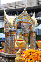 Marigold garlands offered for worship at the Erawan Shrine in Bangkok, Thailand.