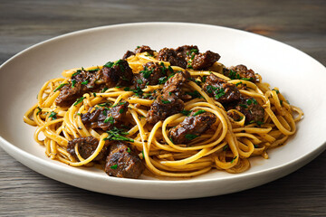 Beef Tips with Linguine on White Plate