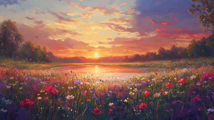Colorful wildflowers meadow sunset landscape