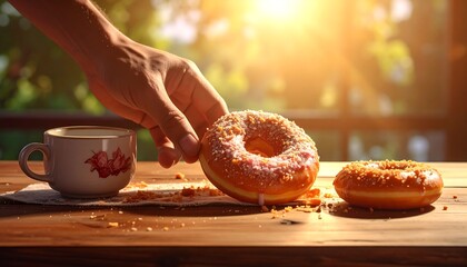 Hand reaching for a sugared donut on a wooden table with a coffee cup