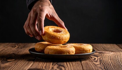 Hand reaching for sugared donut on dark plate