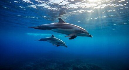 Two Wild Dolphins Swimming Together in Clear Blue Ocean Water