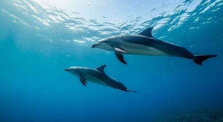 Fototapeta premium Low Angle Shot of Two Dolphins Swimming Near the Water Surface