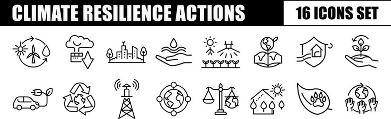A comprehensive icon set depicting Climate Resilience Actions, illustrating solutions for sustainability, environmental protection, and adapting to climate change impacts.