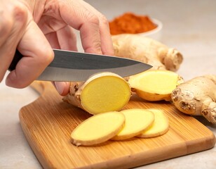 Hand slicing ginger root on a wooden board