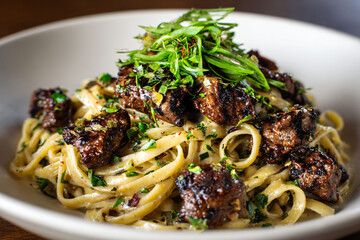 Pasta dish with meat and green garnish